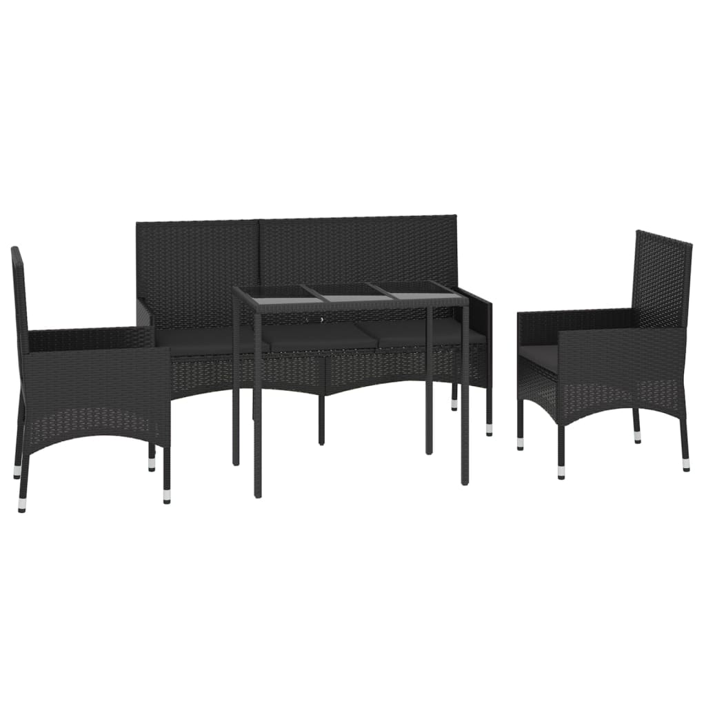 Salon de jardin 4 pcs avec coussins Noir Résine tressée