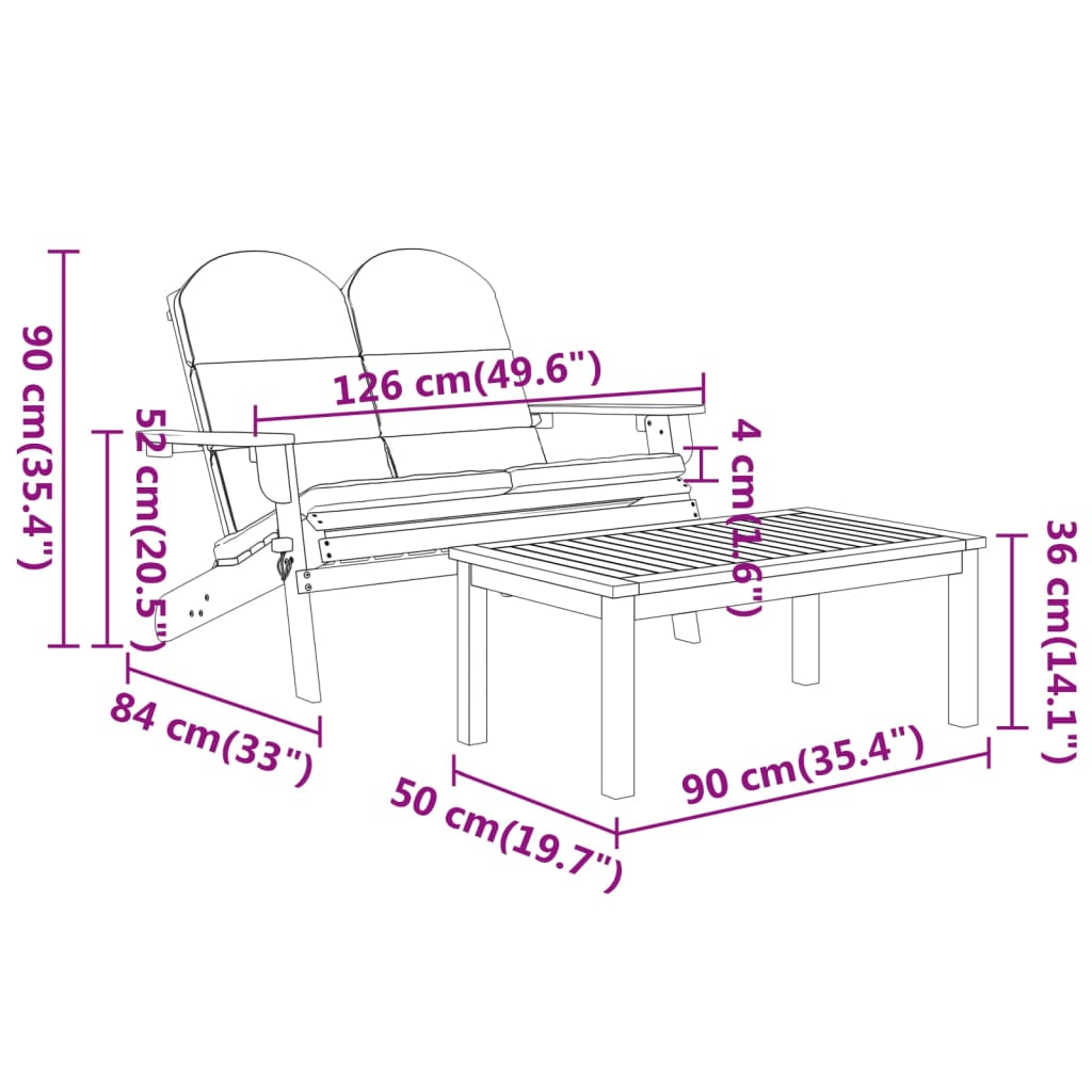 Ensemble de salon de jardin Adirondack 3 pcs bois acacia solide