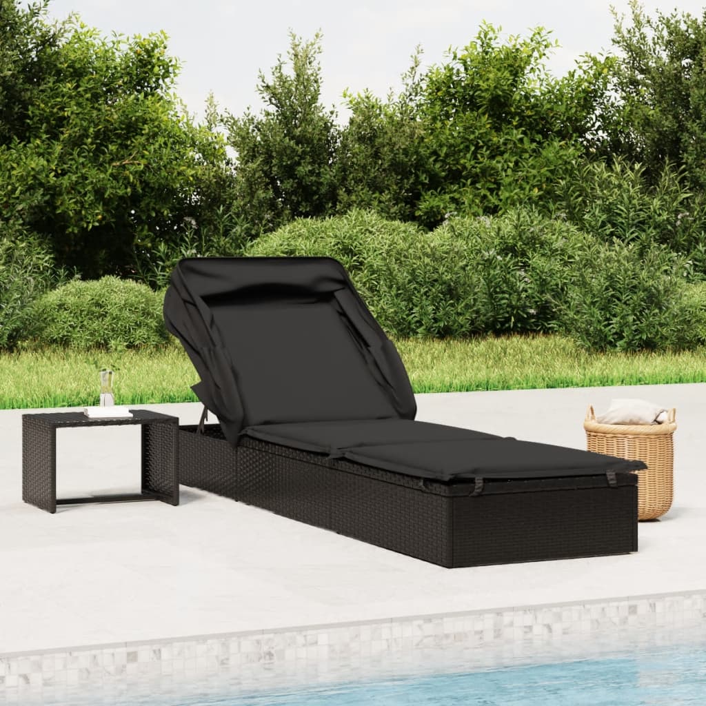 Deckchair with black foldable roof 213x63x97 cm braided resin