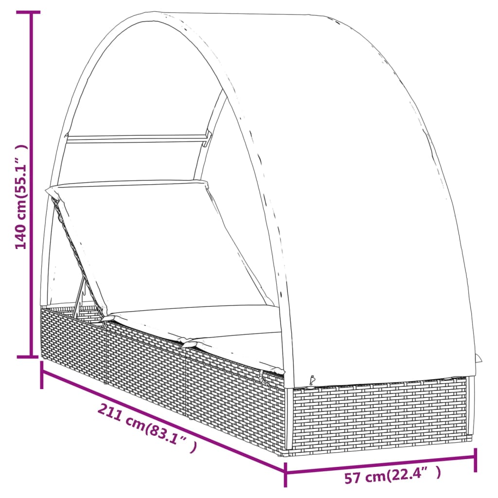 Chaise longue avec toit rond marron 211x57x140cm résine tressée