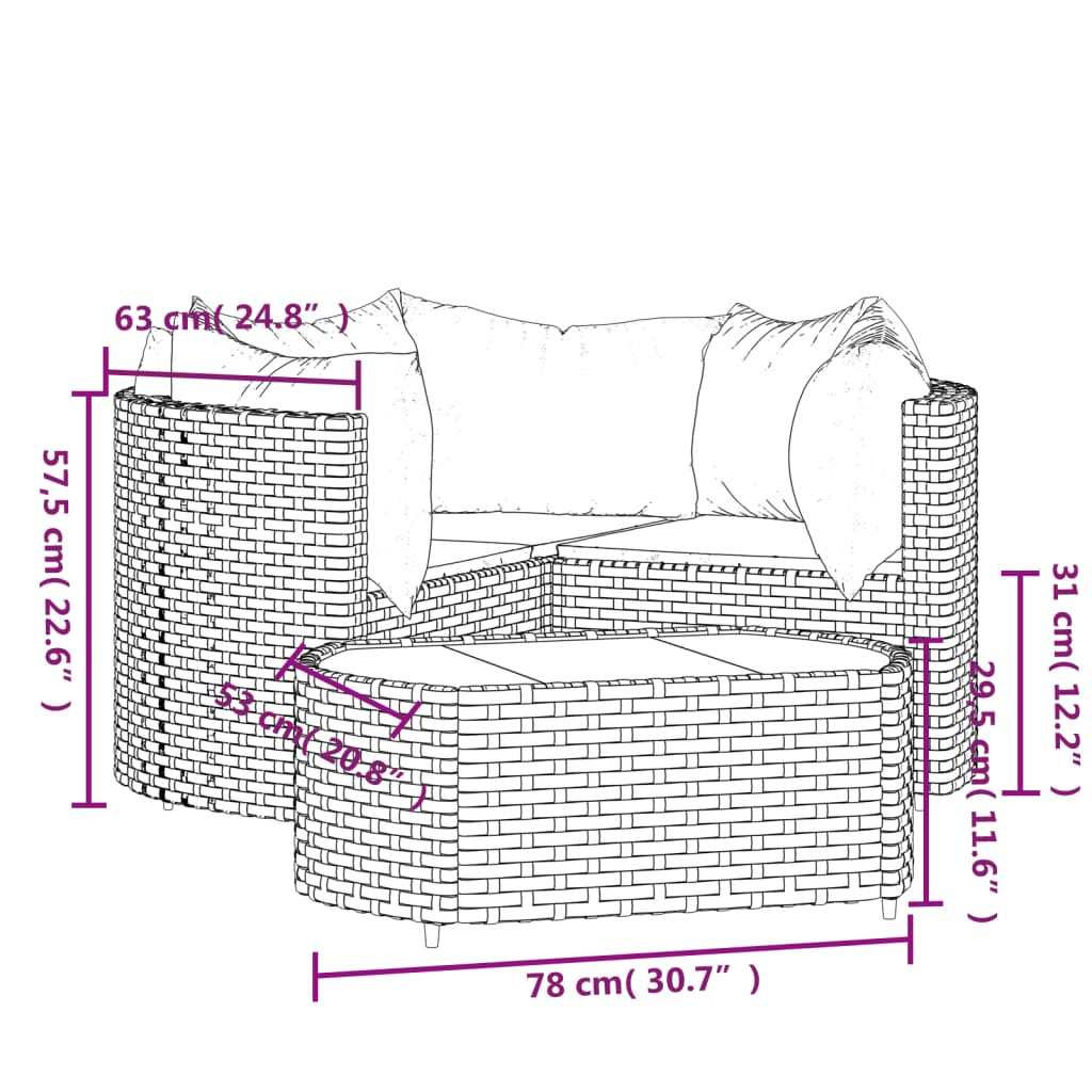 Mobili da giardino 4 pezzi con cuscini marroni Vimini in resina