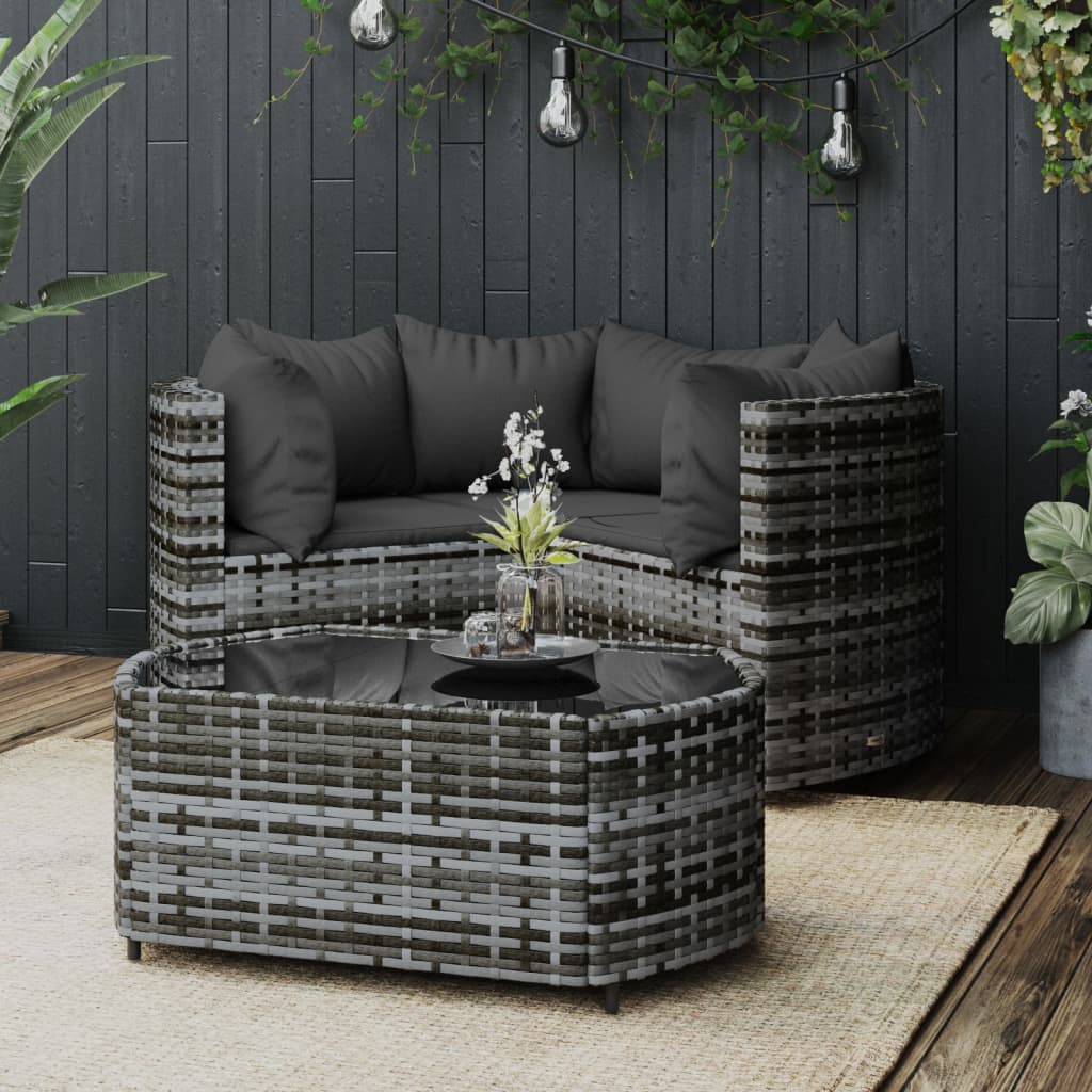 Salon de jardin 4 pcs avec coussins Gris Résine tressée