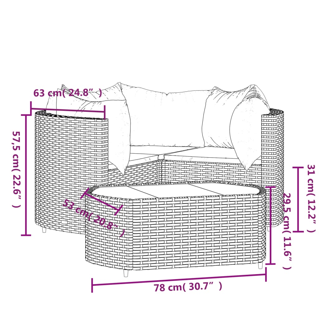 4 pezzi mobili da giardino con cuscini grigi in resina intrecciata