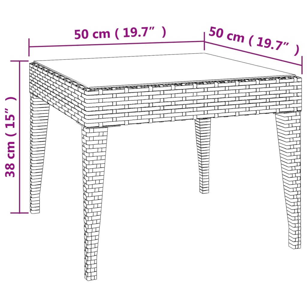 Table d'appoint noir 50x50x38 cm poly rotin et verre trempé