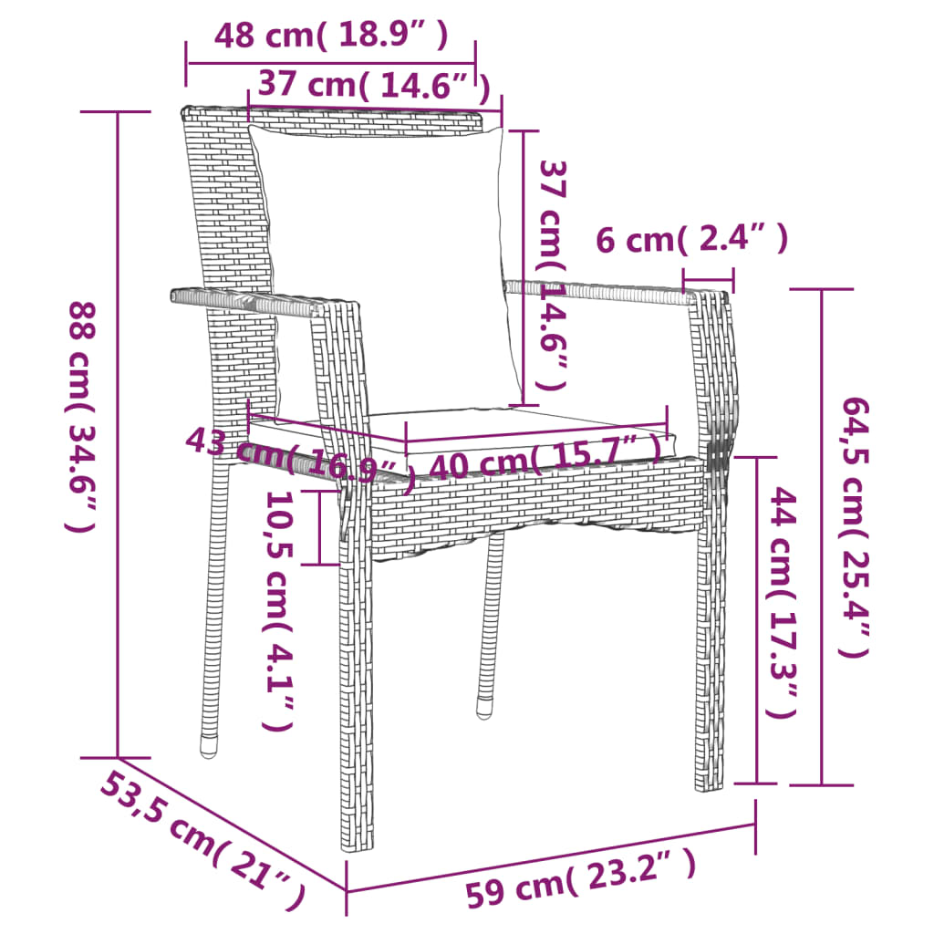 Chaises de jardin 2 pcs avec coussins Résine tressée Noir