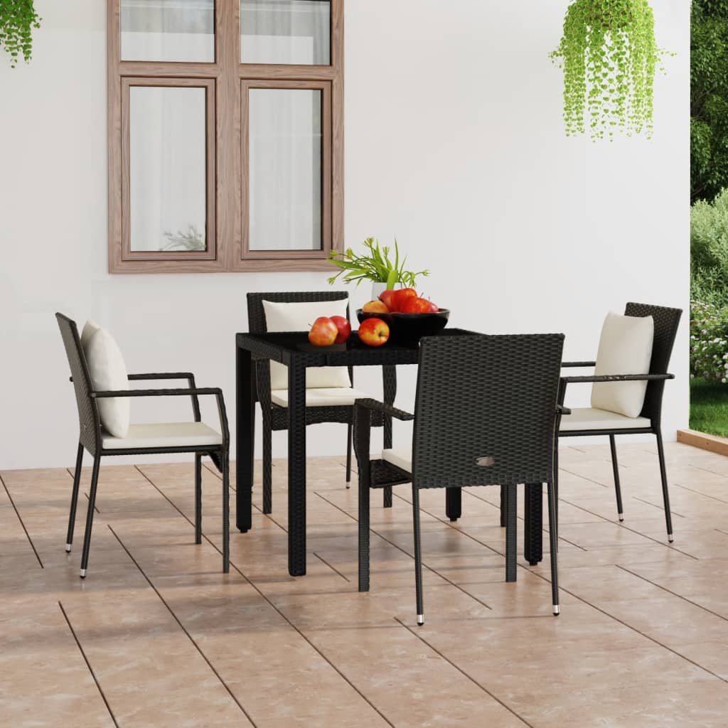 Chaises de jardin 4 pcs avec coussins Résine tressée Noir