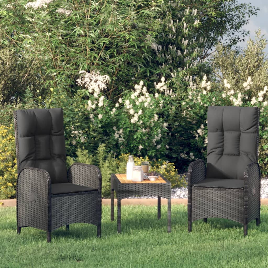 Salon de jardin 3 pcs avec coussins Noir Résine tressée