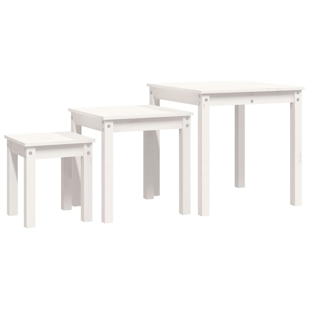 Tavolini impilabili 3 pz. Bianco Legno di pino massiccio