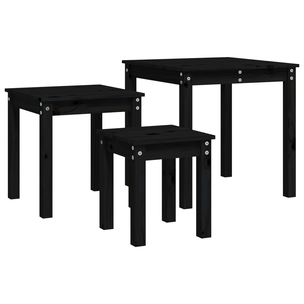 Tavolini impilabili 3 pezzi Nero Legno di pino massiccio