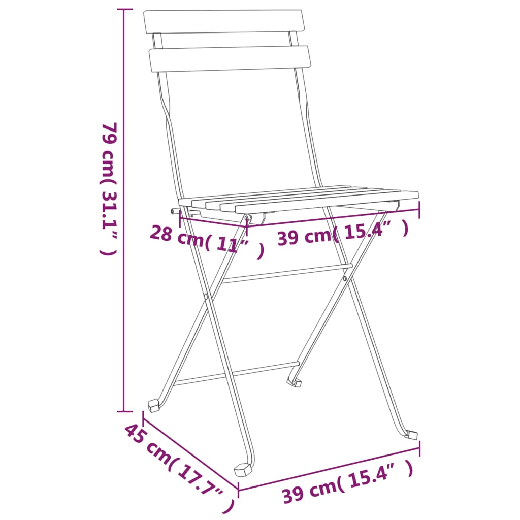 Ensemble de bistro pliable 3 pcs Bois d'acacia solide et acier