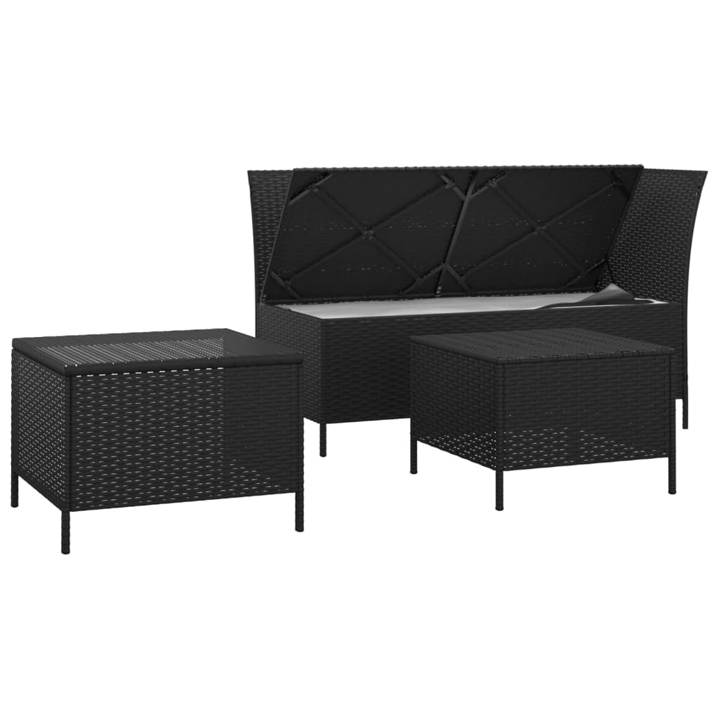 Salon de jardin 3 pcs avec coussins Noir Résine tressée