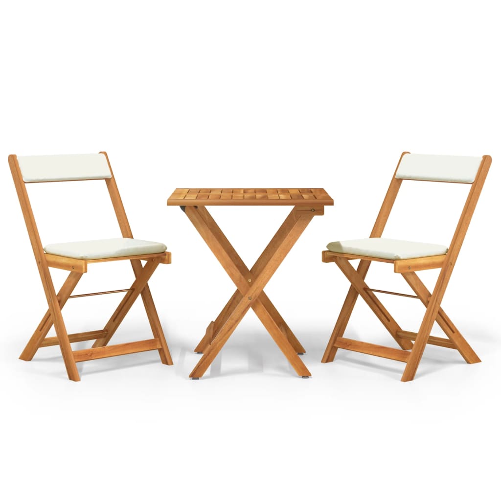 3 pcs foldable bistro set with solid acacia cushions