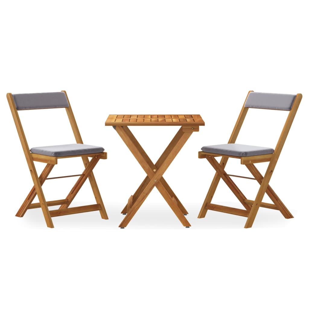 3 pcs foldable bistro set with solid acacia cushions