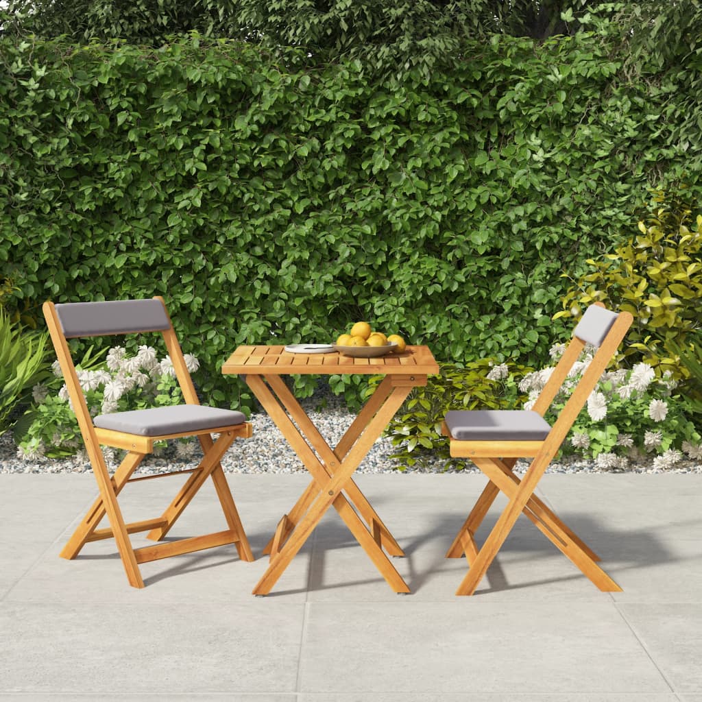 3 pcs foldable bistro set with solid acacia cushions