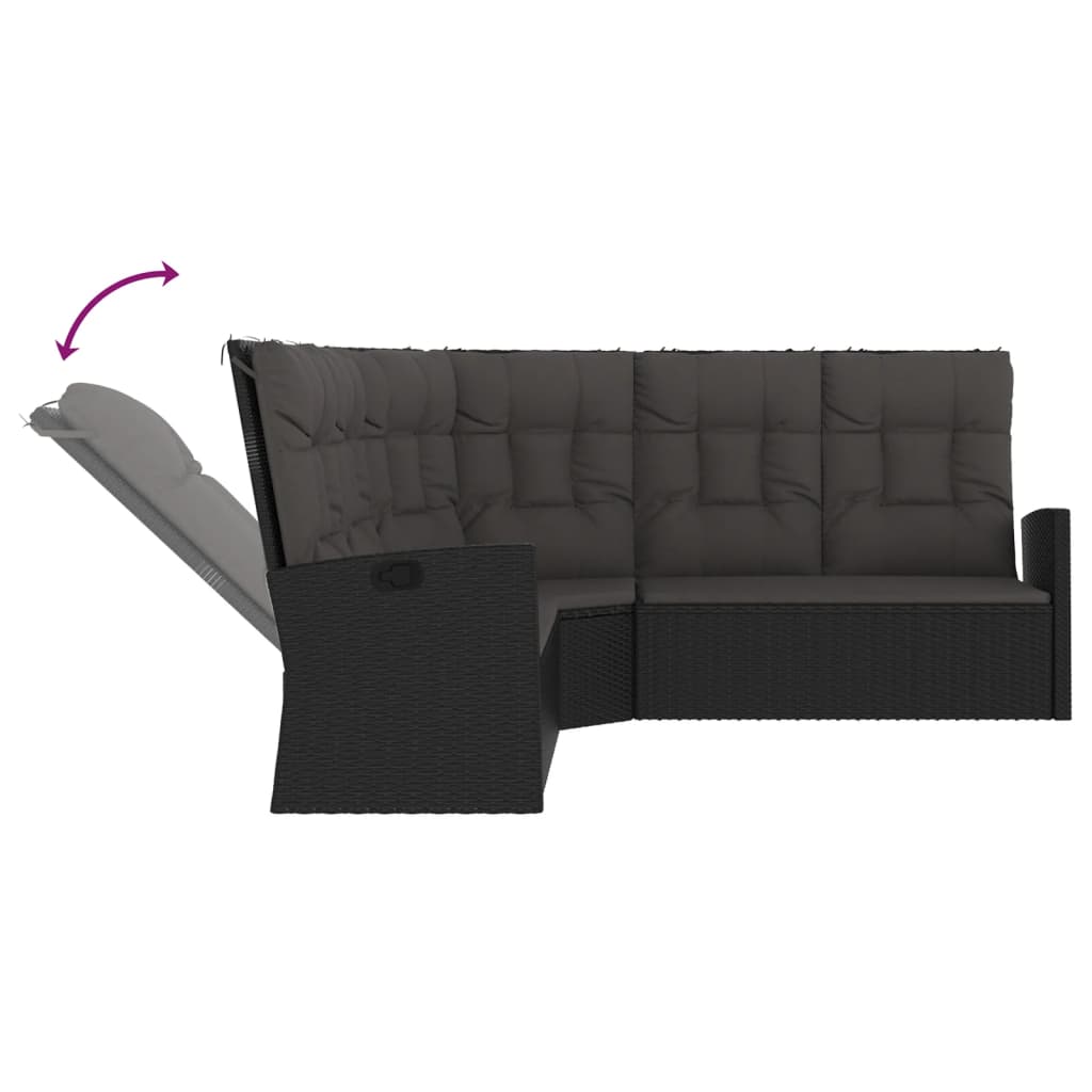 Canapé d'angle inclinable avec coussins Noir Résine tressée