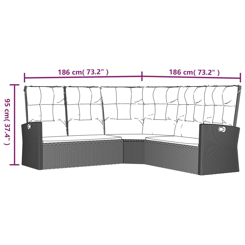 Canapé d'angle inclinable avec coussins Noir Résine tressée