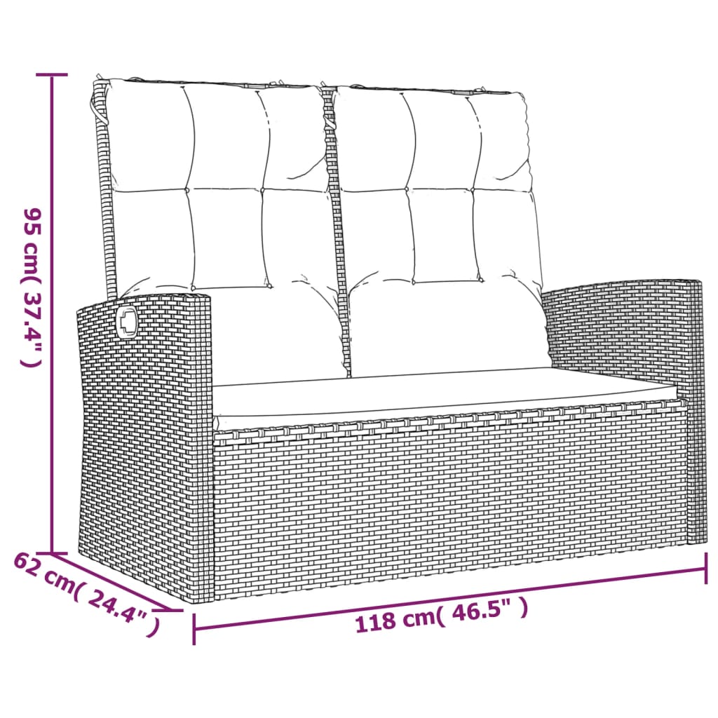Panca da giardino reclinabile e cuscini grigi 118 cm in resina intrecciata