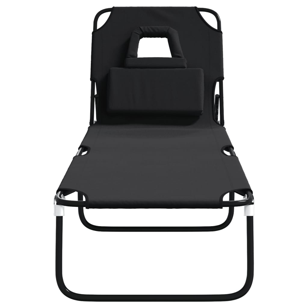 Folding Long Chair Black Fabric Oxford Steel Steel Powder
