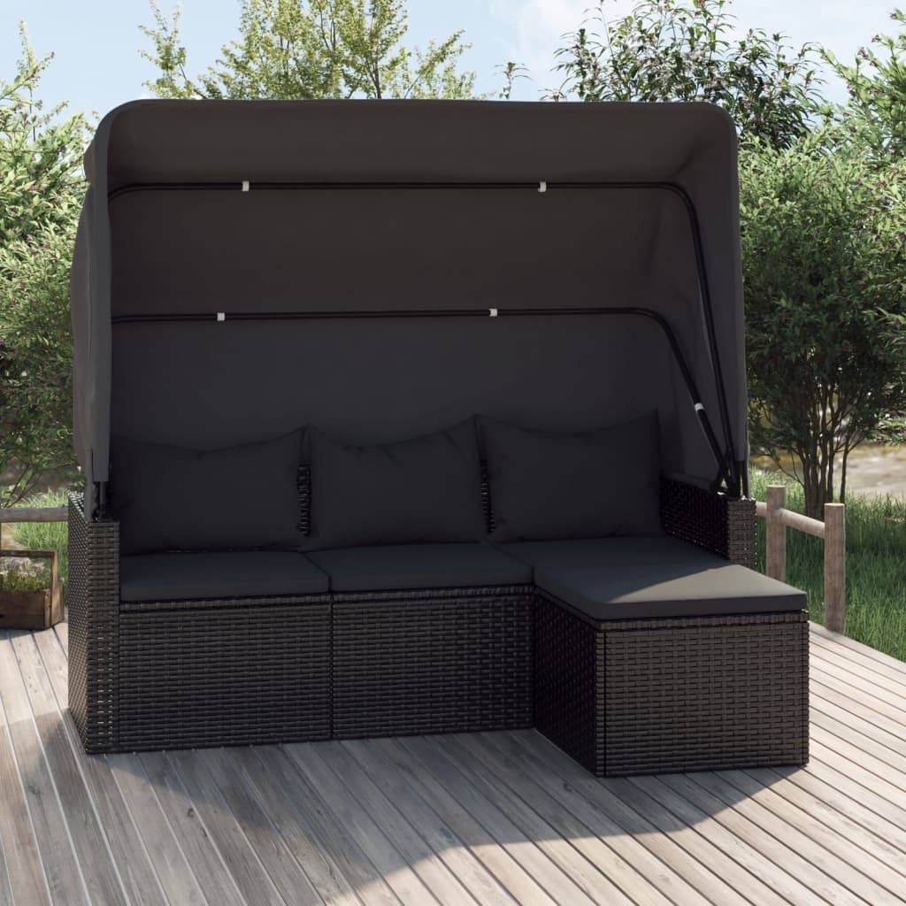 3-Sitzer-Gartensofa mit schwarzem Dach und Fußstütze