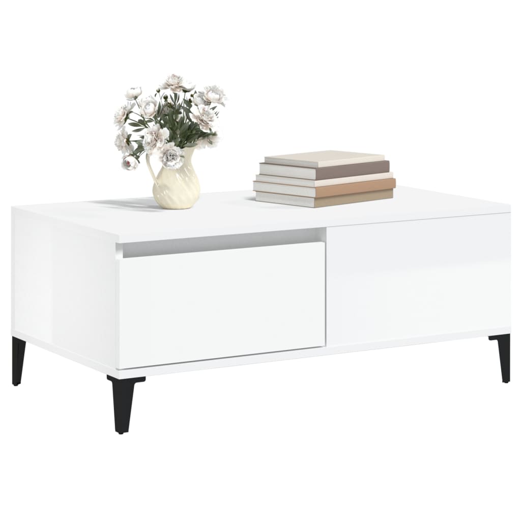 Tavolino bianco brillante 90x50x36.5 cm in legno di ingegneria