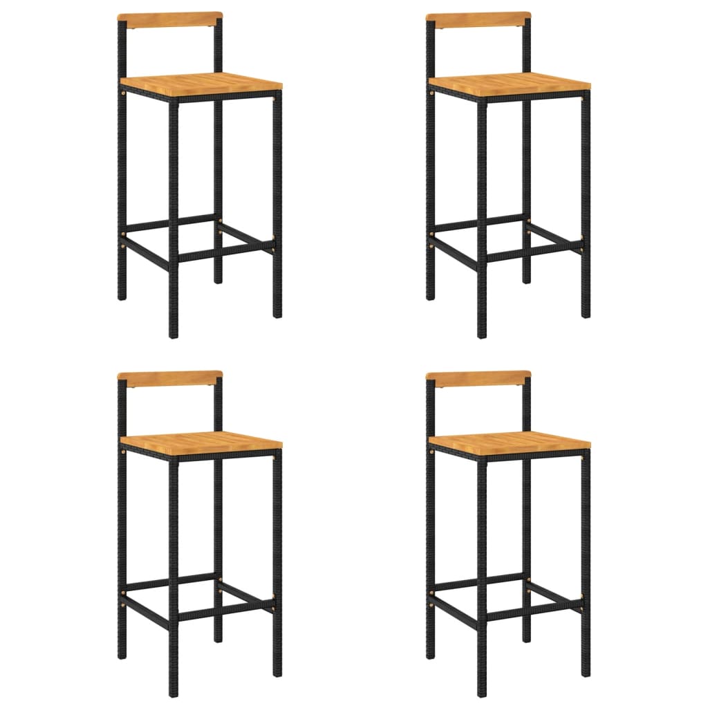 4 pcs bar stools Black braided resin and acacia wood