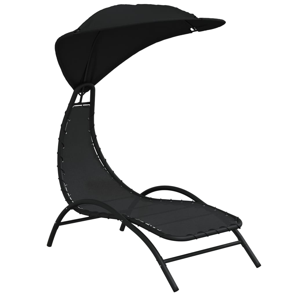 Chaise longue avec auvent noir 167x80x195 cm tissu et acier