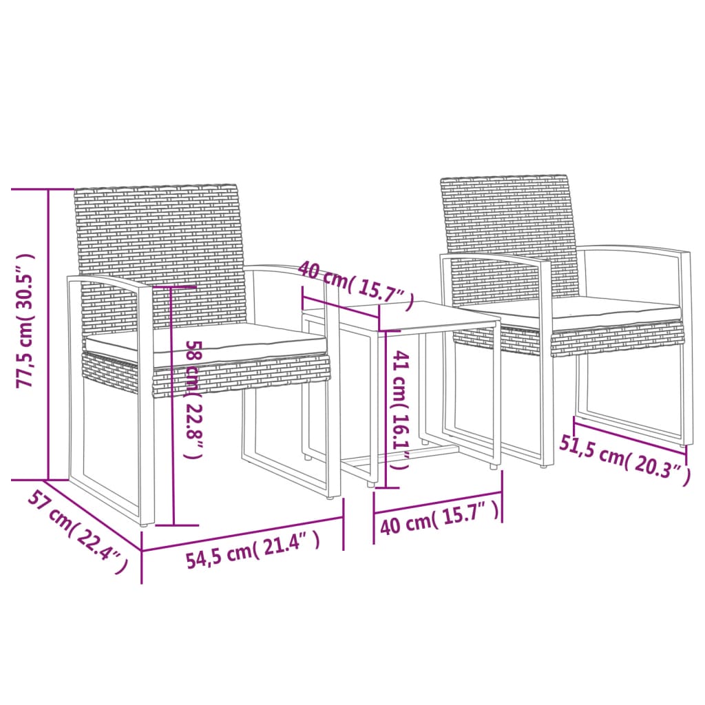 Garten -Ess -Set mit 3 PCs Black Rattan PC -Kissen