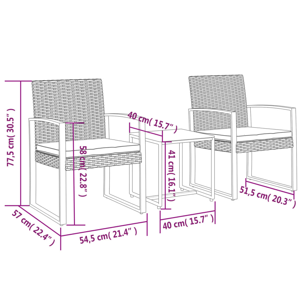 Garten -Ess -Set mit 3 PCs Brauner Rattan PP PCs