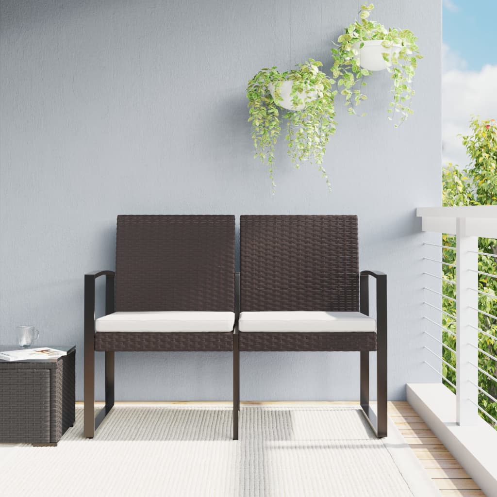 2 -seater garden bench with brown cushions pp rattan