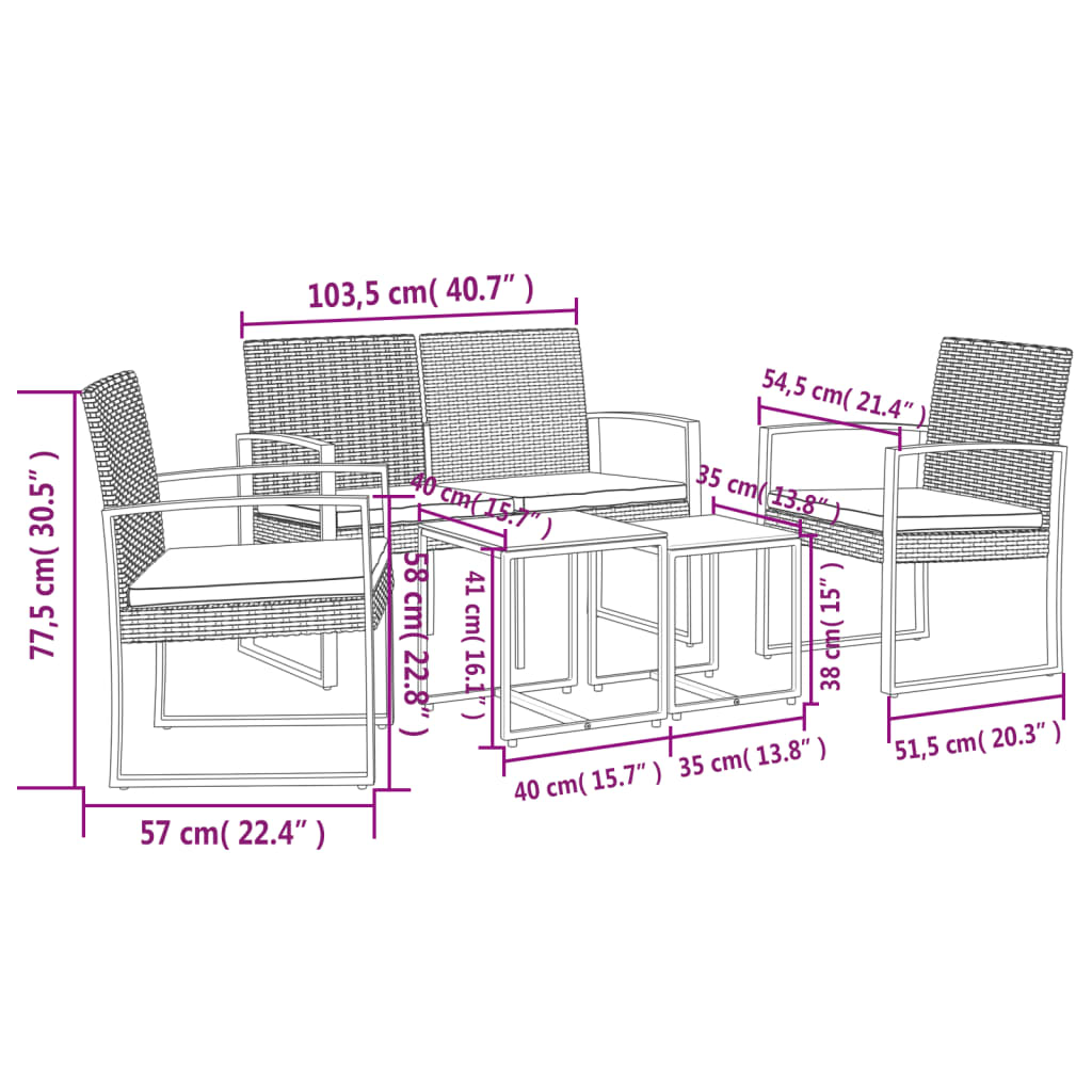 Garden dining set with cushions 5 pcs black rattan pp