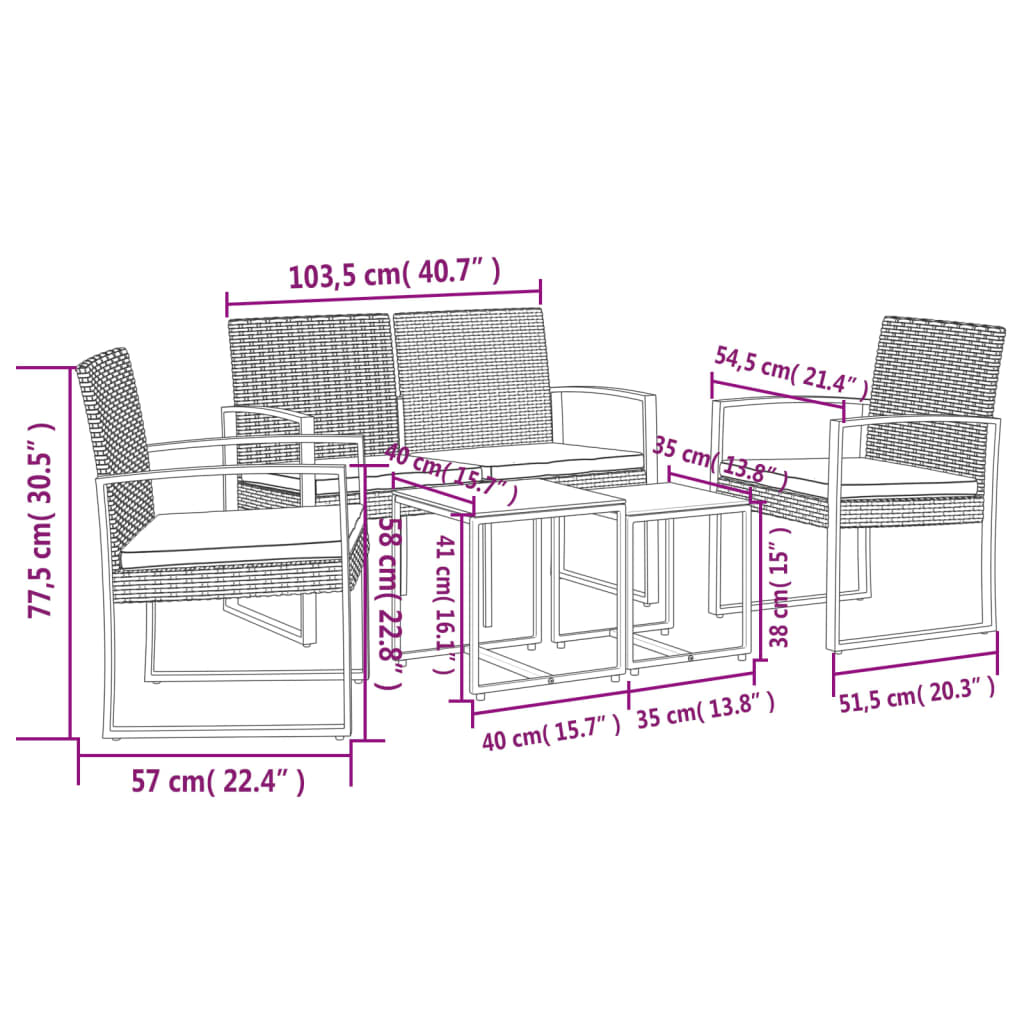 Ensemble à manger de jardin 5 pcs et coussins marron rotin PP