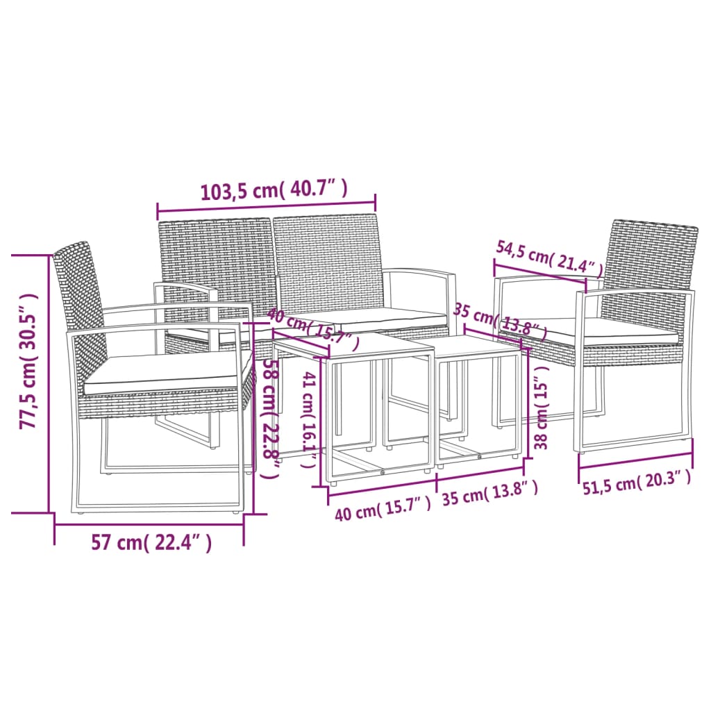 Set da pranzo di cuscini da giardino 5 pezzi rattan grigio scuro pp