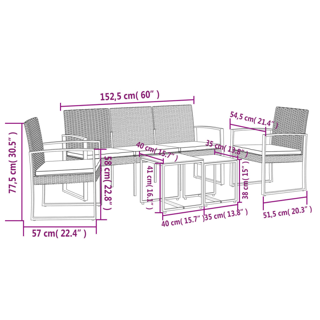 Garten -Ess -Set mit Kissen 5 PCs Black Rattan PP