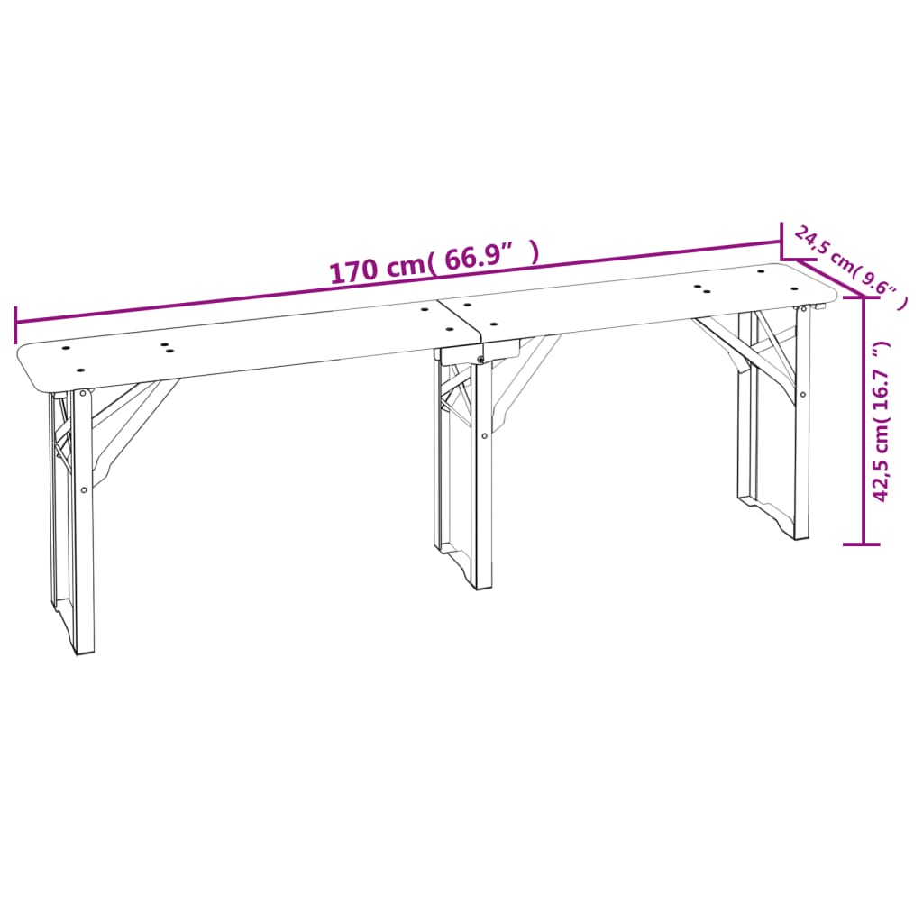 Ensemble de tables à bière pliantes 3 pcs bois massif de sapin