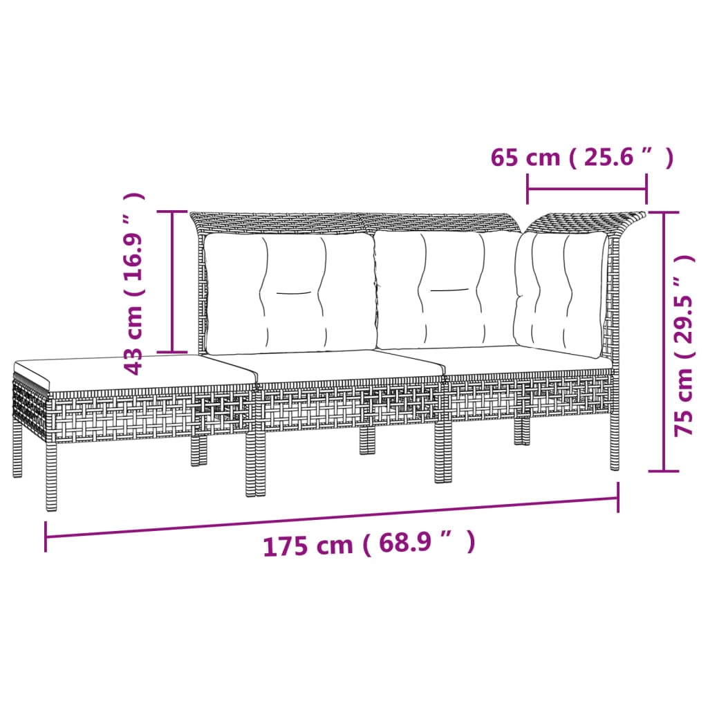 Salon de jardin 3 pcs avec coussins Gris Résine tressée