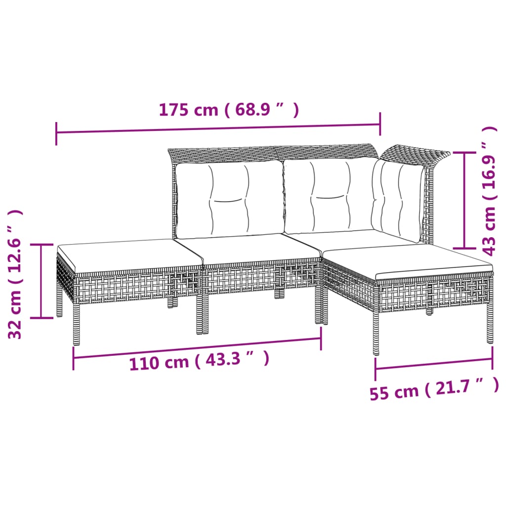 4 pcs garden furniture with braided resin gray cushions