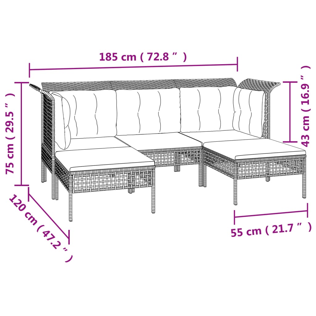 5 pcs garden furniture with braided resin gray cushions