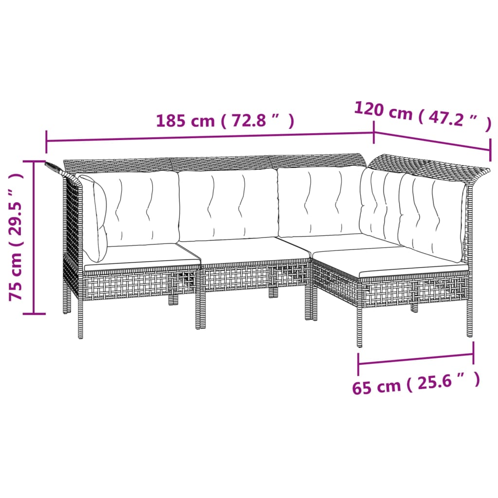 4 pcs garden furniture with braided resin gray cushions