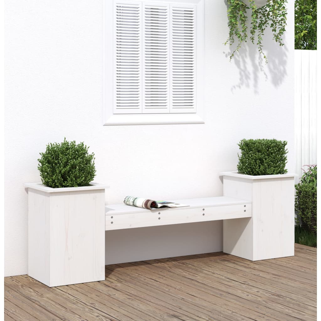 Bench with white planters 184.5x39.5x56.5 cm solid pine wood