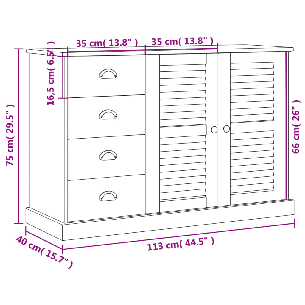 Buffet mit Vigo -Schubladen 113x40x75 cm grauer fester Stiftholz Holz