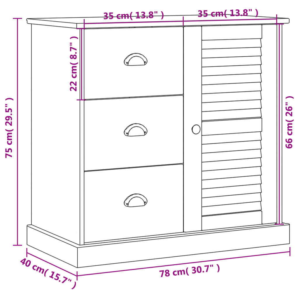 Buffet with VIGO drawers 78x40x75 cm White Solid Pin Wood