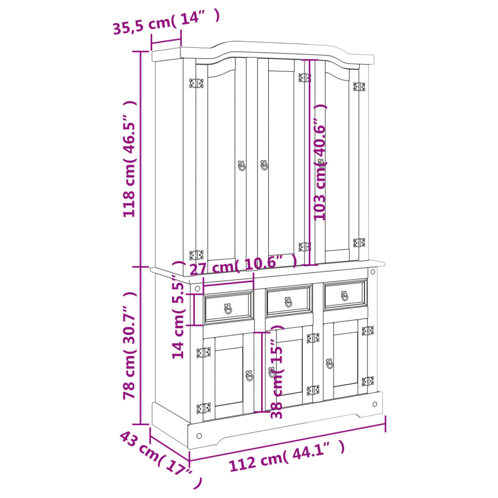 Buffet haut Corona blanc 112x43x196 cm bois massif pin mexicain