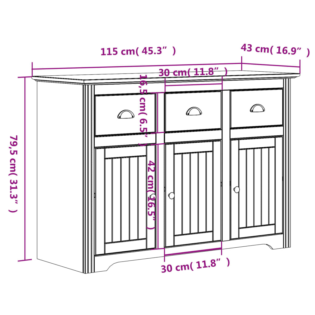 Buffet BODO blanc et marron 115x43x79,5 cm bois massif de pin