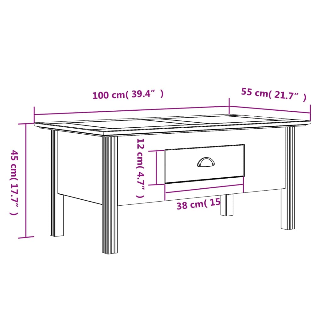 Tavolino BODO bianco 100x55x45 cm in legno massello di pino