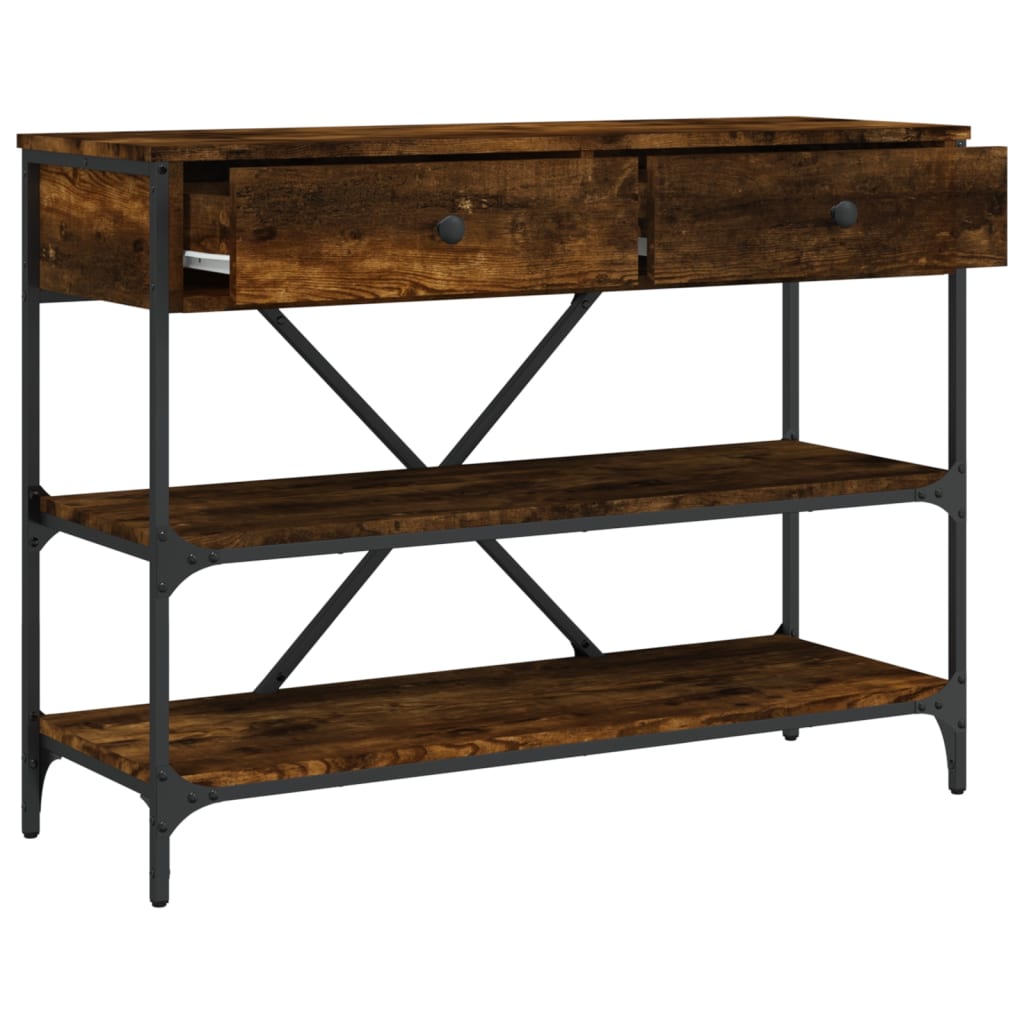 Console table with smoked oak drawers and shelves