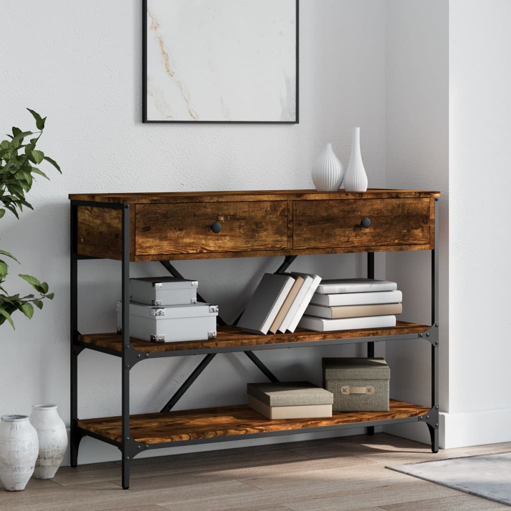 Console table with smoked oak drawers and shelves
