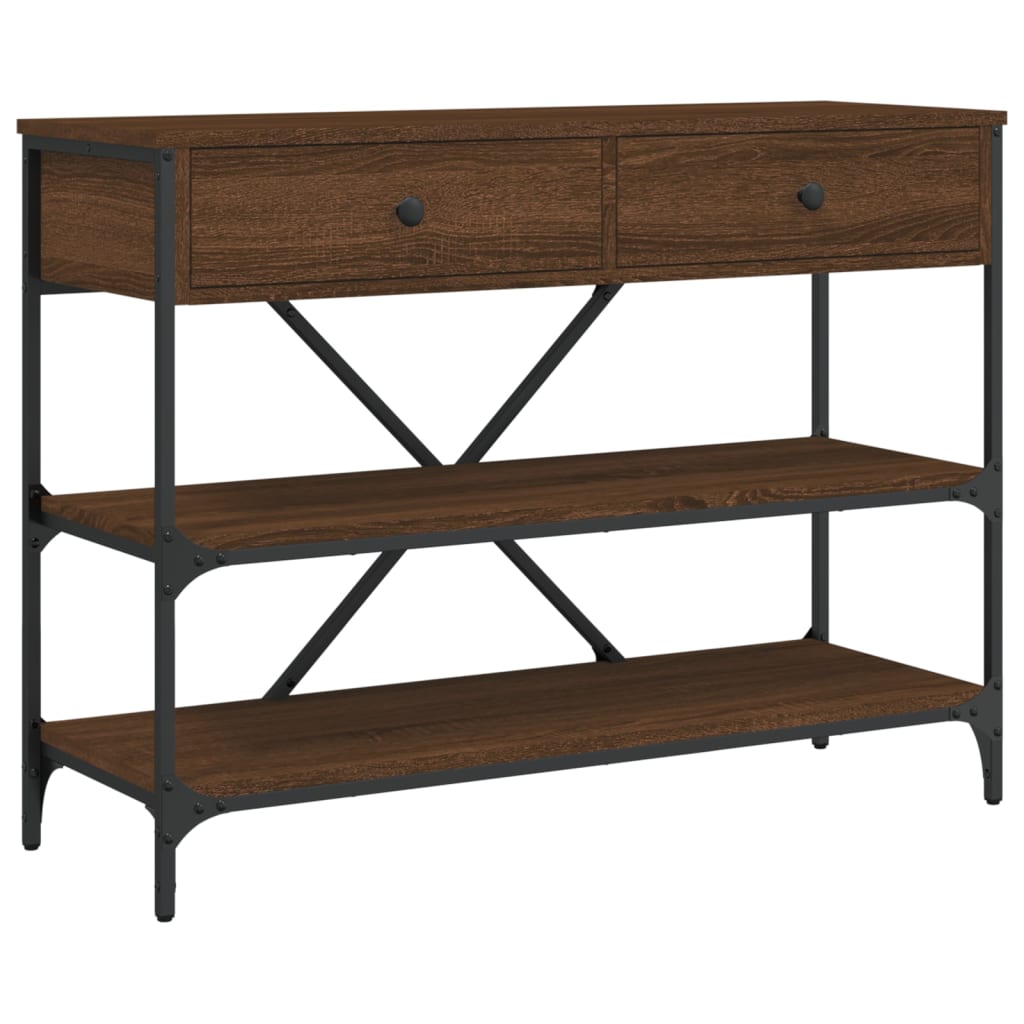 Console table with brown oak drawers and shelves