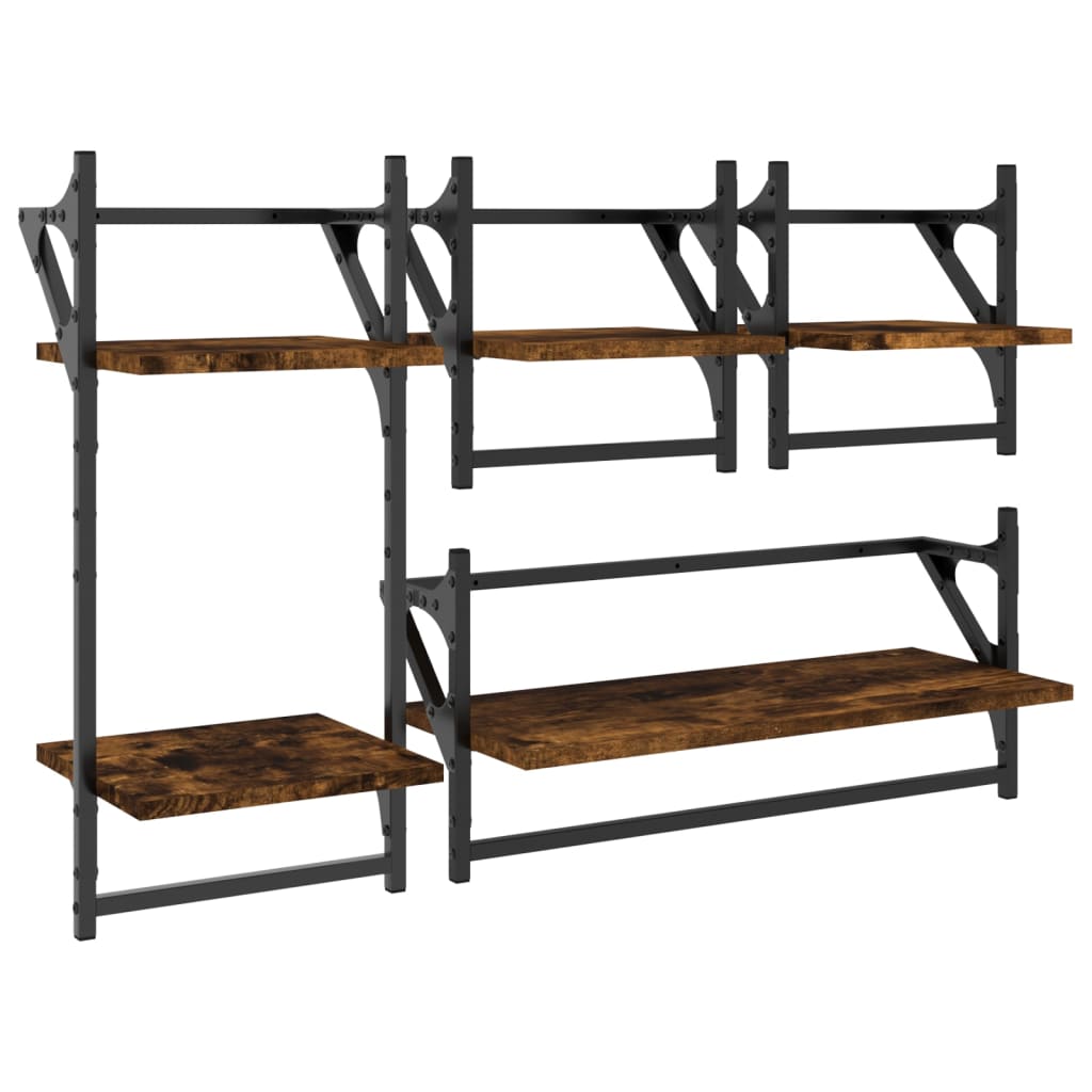Set of wall shelves with bars 4 pcs smoked oak