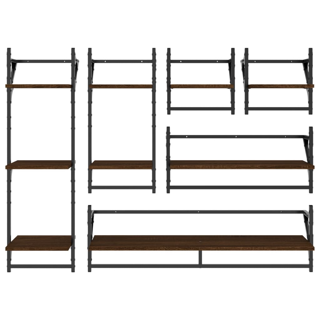 Set of wall shelves with bars 6 pcs brown oak