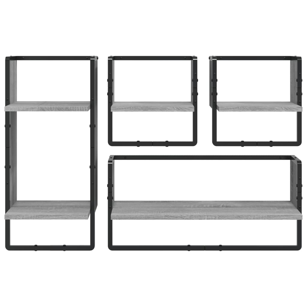 Set di mensole da parete con barre 4 pezzi sonoma grigio